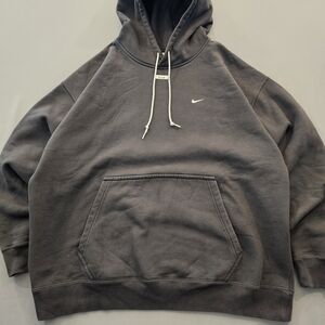 Vtg Nike Solo Swoosh Fleece Pullover Hoodie - Sun Faded Charcoal Grey